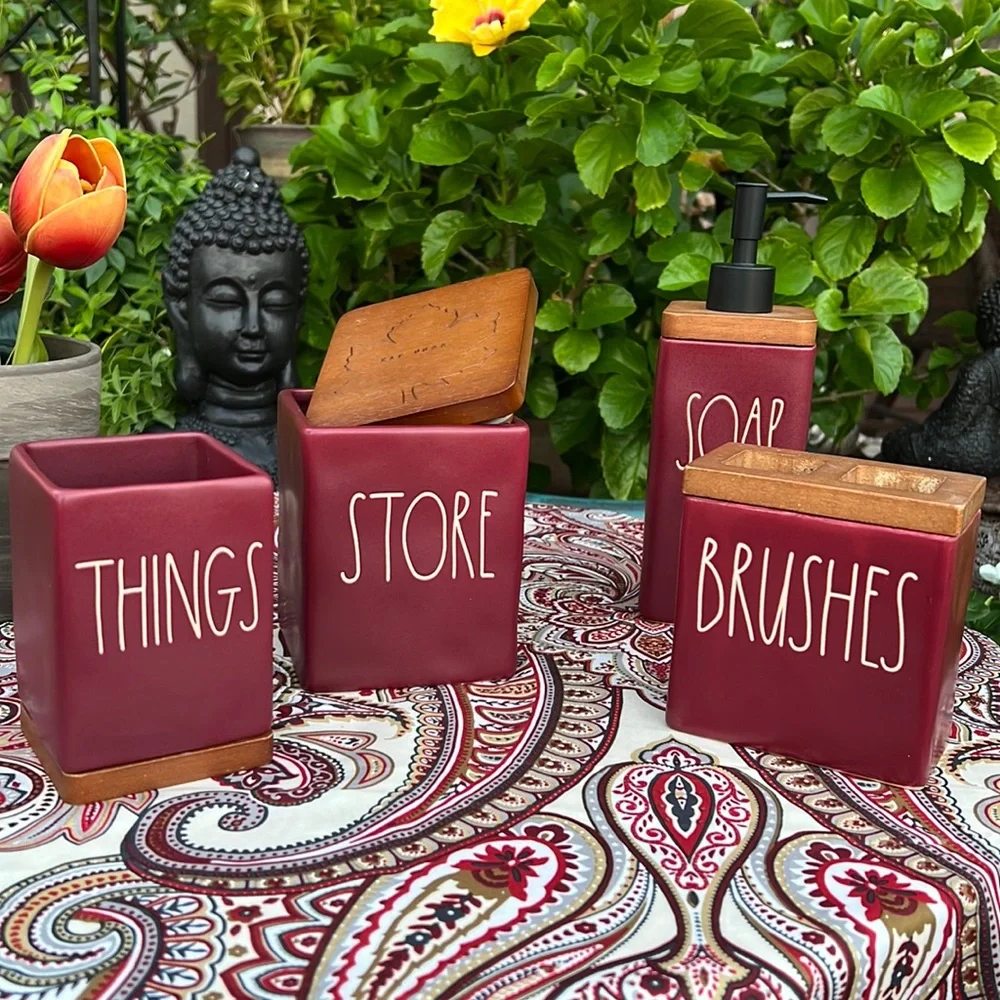 New Rae Dunn Burgundy Bathroom Toiletries 4 Piece Accessories Set